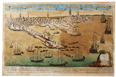 Vue de la ville de Boston en Nouvelle-Angleterre et des navires de guerre britanniques débarquant leurs troupes, 1768, 1770